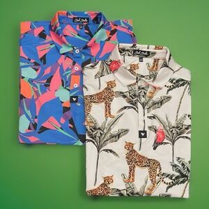 SET OF 2 Bad Birdie Men's Shirts Large Golf Polo Leopard Parrot Palm Geometric